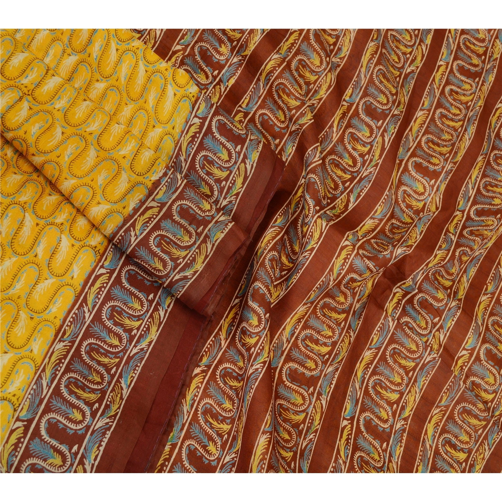 Sanskriti Vintage Yellow Printed Indian Sarees Pure Silk Sari 5Yd Craft Fabric, PR-60137-Yellow-Printed Floral Design-Pure Silk-1