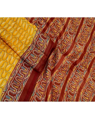 Sanskriti Vintage Yellow Printed Indian Sarees Pure Silk Sari 5Yd Craft Fabric, PR-60137-Yellow-Printed Floral Design-Pure Silk-1