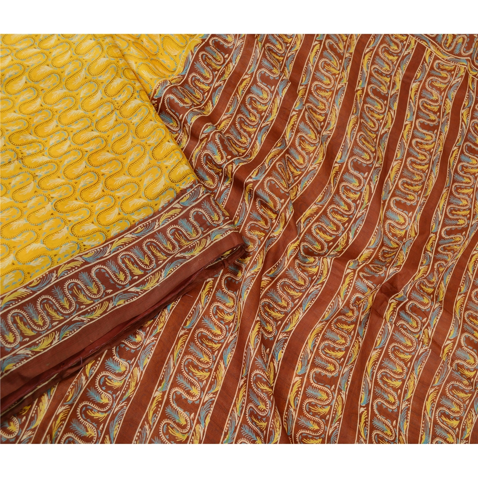 Sanskriti Vintage Yellow Printed Indian Sarees Pure Silk Sari 5Yd Craft Fabric, PR-60137-Yellow-Printed Floral Design-Pure Silk-2