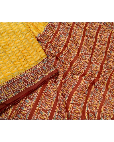 Sanskriti Vintage Yellow Printed Indian Sarees Pure Silk Sari 5Yd Craft Fabric, PR-60137-Yellow-Printed Floral Design-Pure Silk-2