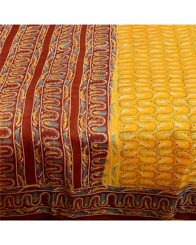 Sanskriti Vintage Yellow Printed Indian Sarees Pure Silk Sari 5Yd Craft Fabric, PR-60137-Yellow-Printed Floral Design-Pure Silk-3