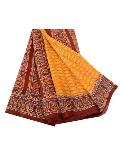 Sanskriti Vintage Yellow Printed Indian Sarees Pure Silk Sari 5Yd Craft Fabric, PR-60137-Yellow-Printed Floral Design-Pure Silk-6
