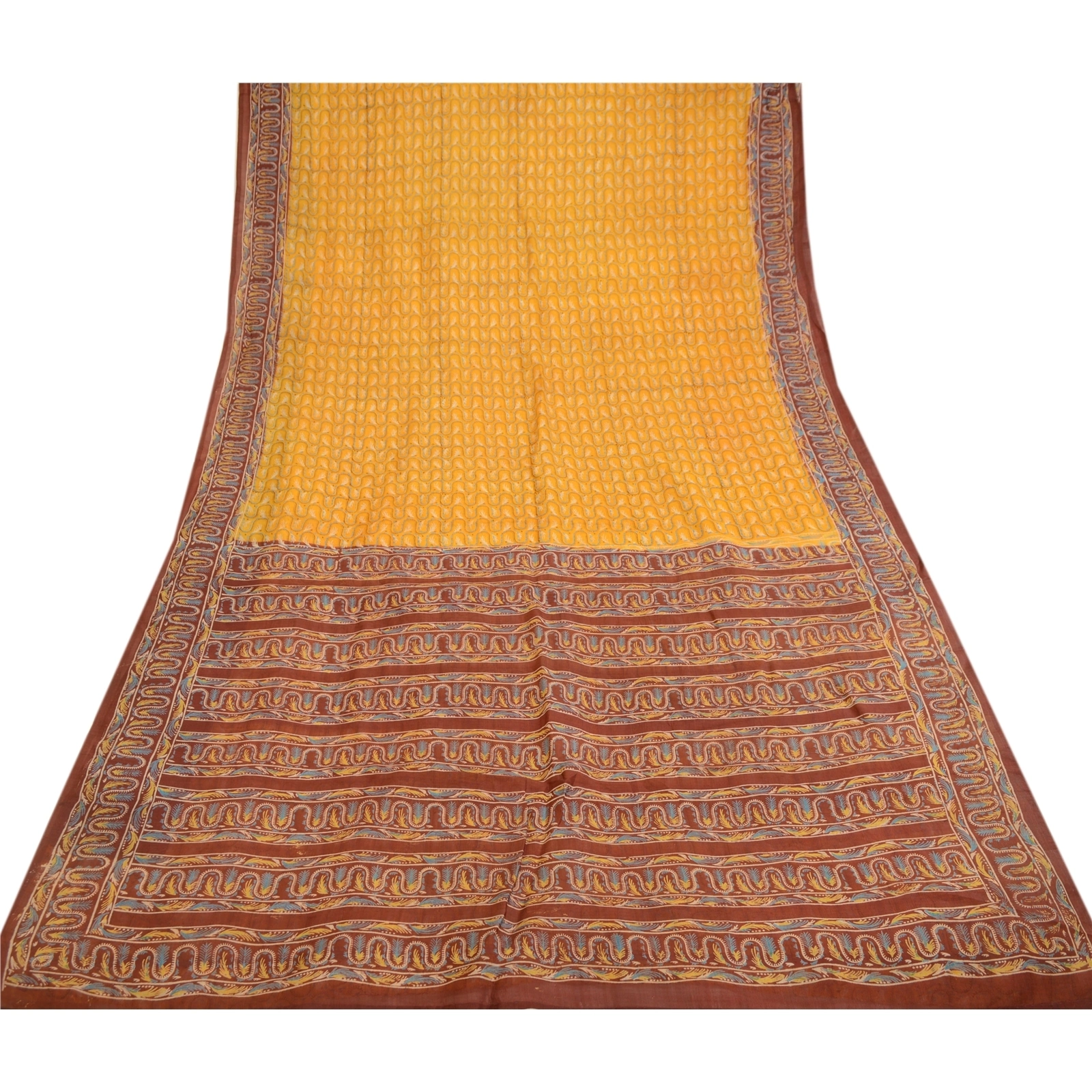 Sanskriti Vintage Yellow Printed Indian Sarees Pure Silk Sari 5Yd Craft Fabric, PR-60137-Yellow-Printed Floral Design-Pure Silk-7