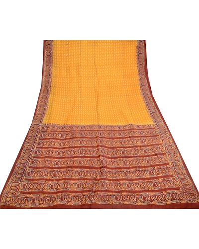 Sanskriti Vintage Yellow Printed Indian Sarees Pure Silk Sari 5Yd Craft Fabric, PR-60137-Yellow-Printed Floral Design-Pure Silk-7