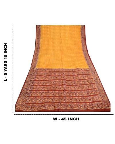 Sanskriti Vintage Yellow Printed Indian Sarees Pure Silk Sari 5Yd Craft Fabric, PR-60137-Yellow-Printed Floral Design-Pure Silk-8