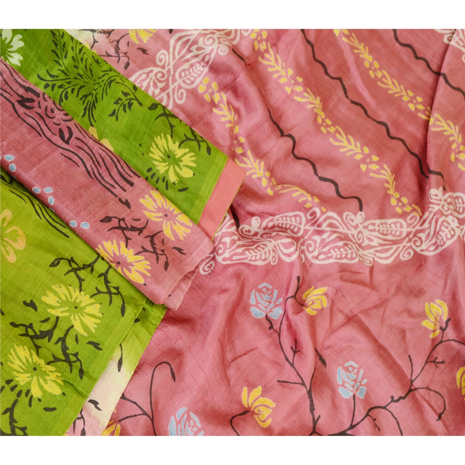 Sanskriti Vintage Sarees Pink &amp; Green Indian Printed Pure Silk Sari Craft Fabric, PR-60240-Pink &amp; Green-Printed Floral Design-Pure Silk-2