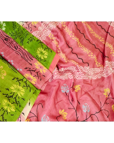 Sanskriti Vintage Sarees Pink &amp; Green Indian Printed Pure Silk Sari Craft Fabric, PR-60240-Pink &amp; Green-Printed Floral Design-Pure Silk-2