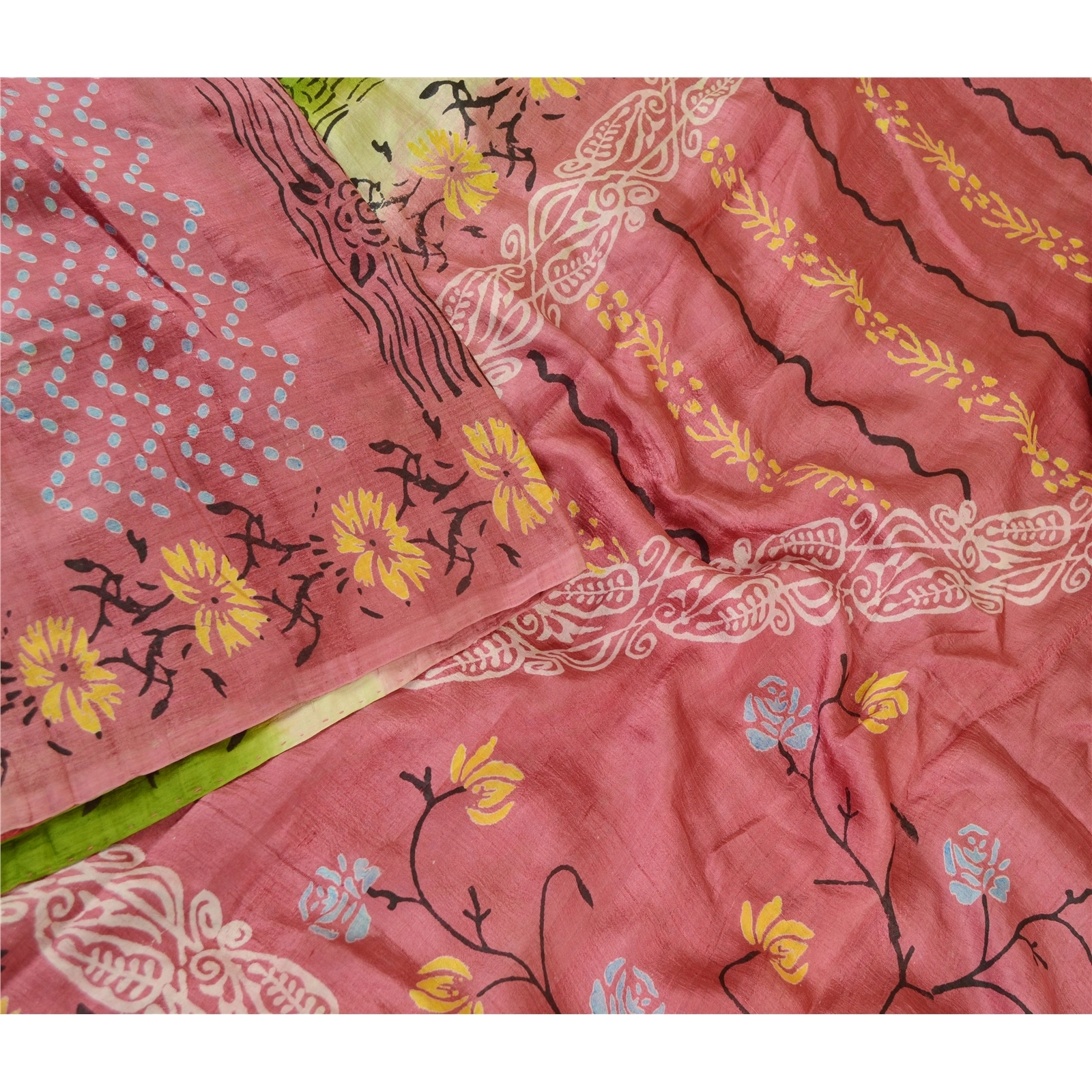 Sanskriti Vintage Sarees Pink &amp; Green Indian Printed Pure Silk Sari Craft Fabric, PR-60240-Pink &amp; Green-Printed Floral Design-Pure Silk-3