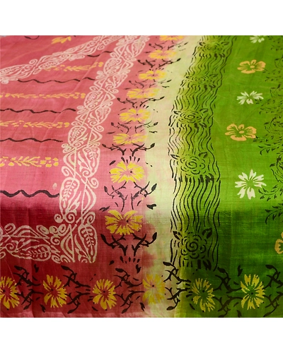 Sanskriti Vintage Sarees Pink &amp; Green Indian Printed Pure Silk Sari Craft Fabric, PR-60240-Pink &amp; Green-Printed Floral Design-Pure Silk-4