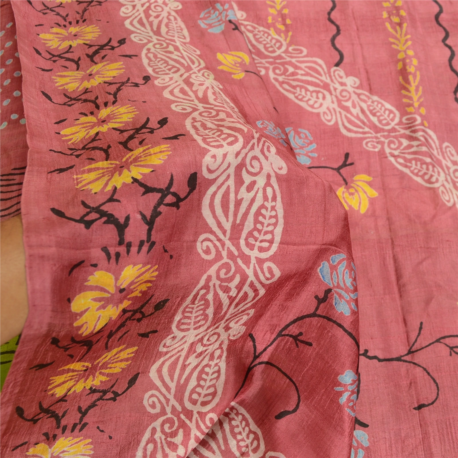 Sanskriti Vintage Sarees Pink &amp; Green Indian Printed Pure Silk Sari Craft Fabric, PR-60240-Pink &amp; Green-Printed Floral Design-Pure Silk-6