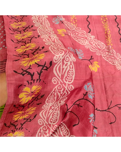 Sanskriti Vintage Sarees Pink &amp; Green Indian Printed Pure Silk Sari Craft Fabric, PR-60240-Pink &amp; Green-Printed Floral Design-Pure Silk-6