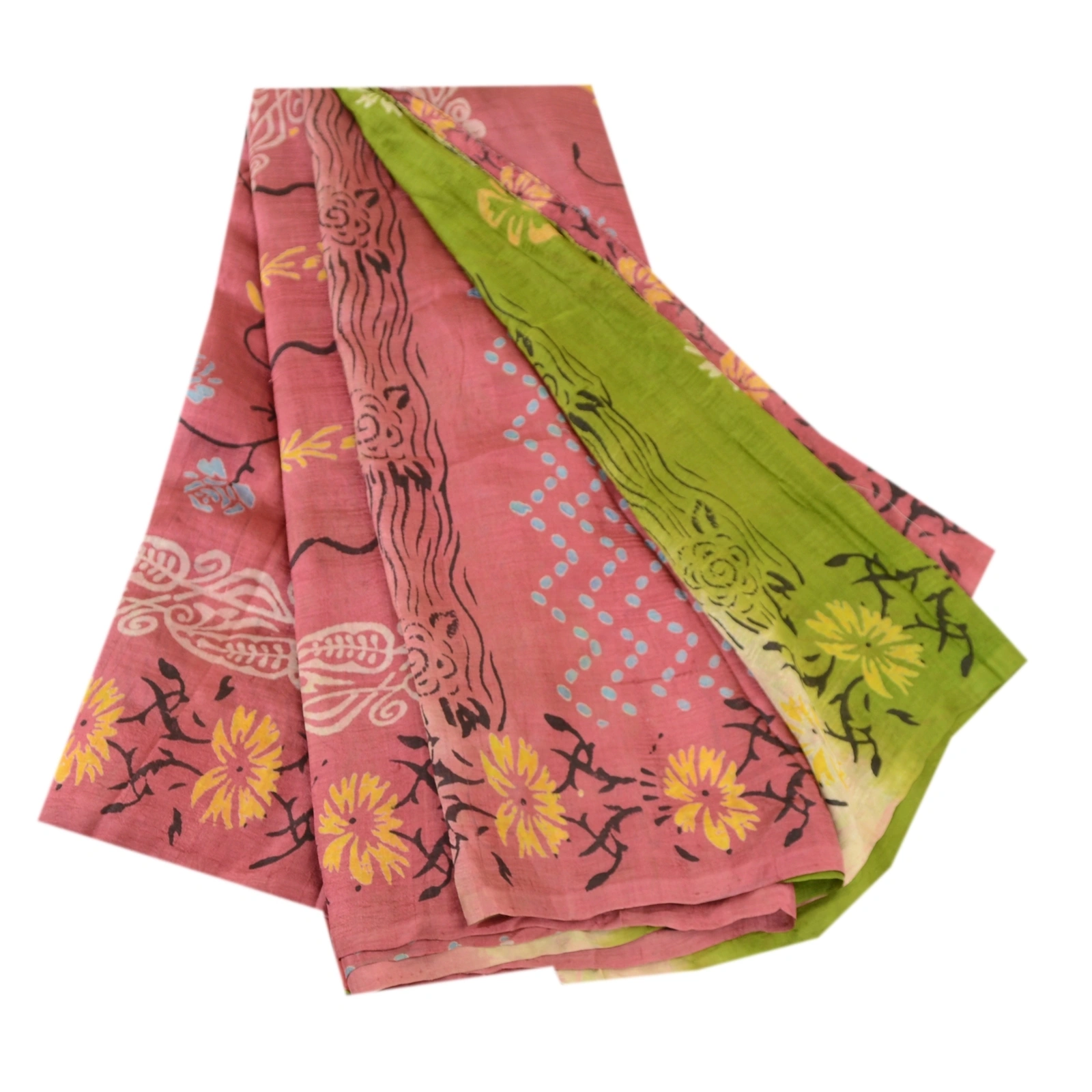 Sanskriti Vintage Sarees Pink &amp; Green Indian Printed Pure Silk Sari Craft Fabric, PR-60240-Pink &amp; Green-Printed Floral Design-Pure Silk-7