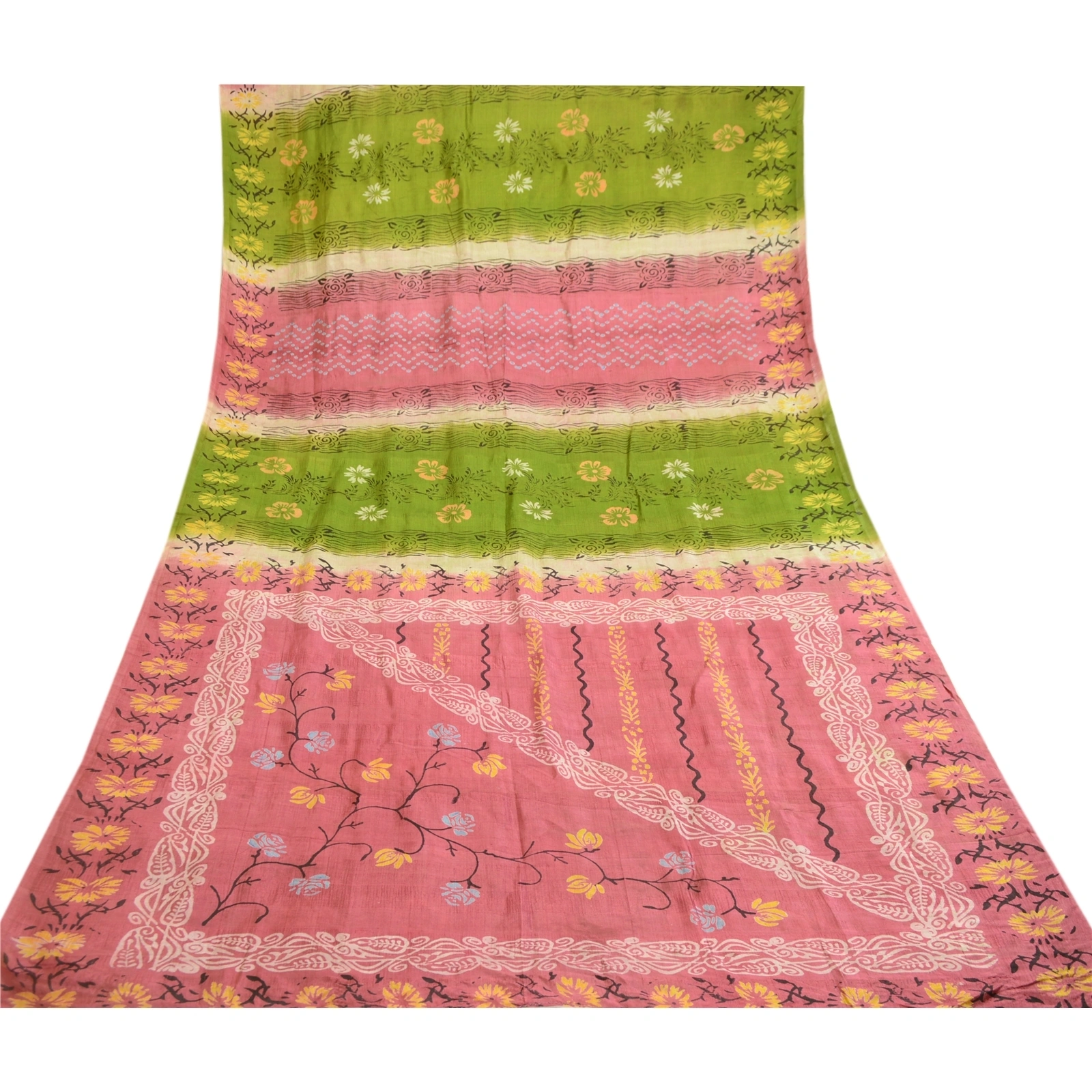 Sanskriti Vintage Sarees Pink &amp; Green Indian Printed Pure Silk Sari Craft Fabric, PR-60240-Pink &amp; Green-Printed Floral Design-Pure Silk-8