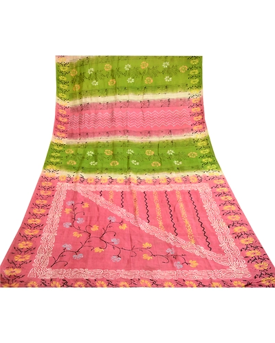 Sanskriti Vintage Sarees Pink &amp; Green Indian Printed Pure Silk Sari Craft Fabric, PR-60240-Pink &amp; Green-Printed Floral Design-Pure Silk-8