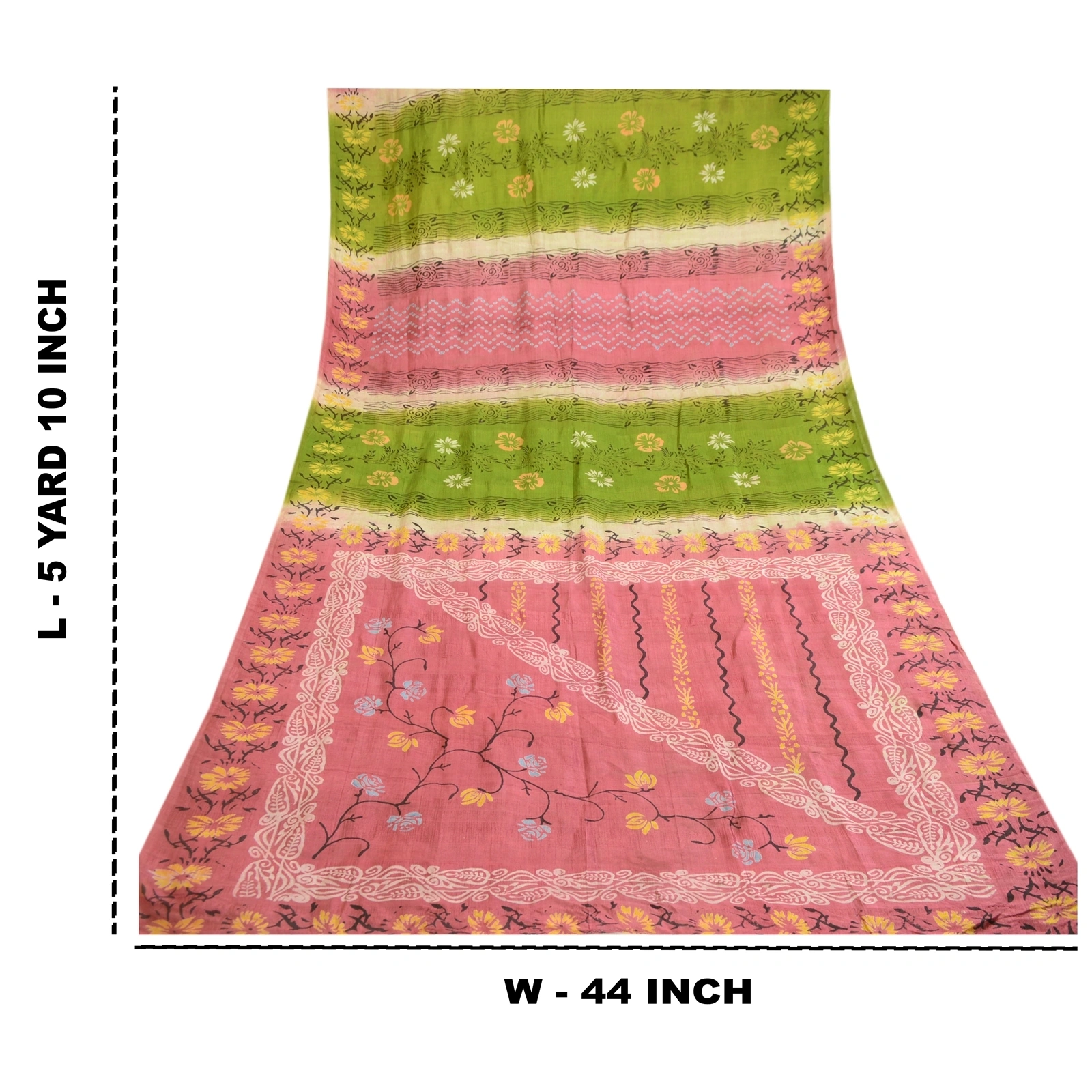 Sanskriti Vintage Sarees Pink &amp; Green Indian Printed Pure Silk Sari Craft Fabric, PR-60240-Pink &amp; Green-Printed Floral Design-Pure Silk-9