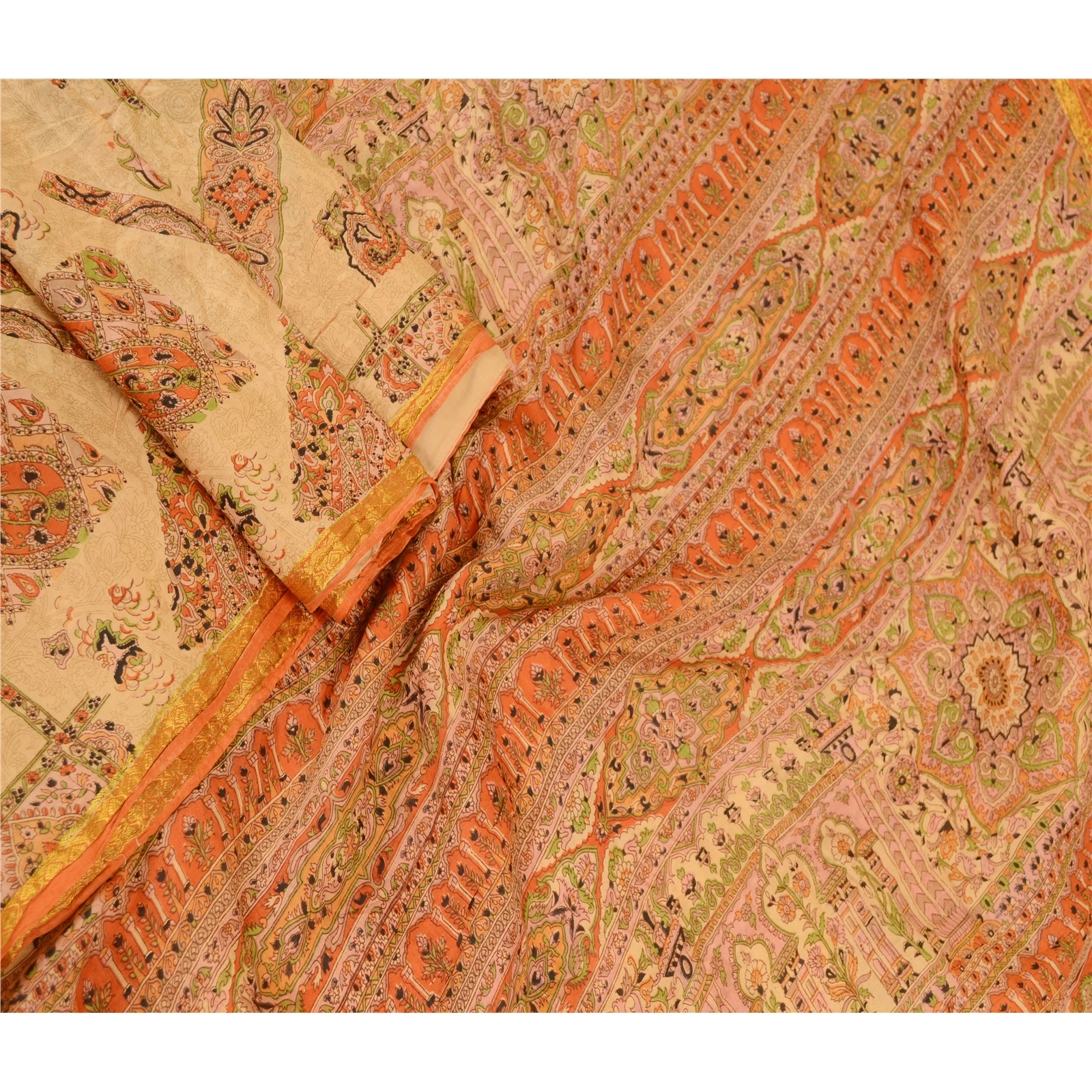 Sanskriti Vintage Beige &amp; Orange Sarees Pure Silk Printed Sari Soft Craft Fabric, PR-60276-Beige &amp; Orange-Printed Floral Design-Pure Silk-1