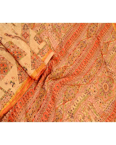Sanskriti Vintage Beige &amp; Orange Sarees Pure Silk Printed Sari Soft Craft Fabric, PR-60276-Beige &amp; Orange-Printed Floral Design-Pure Silk-1