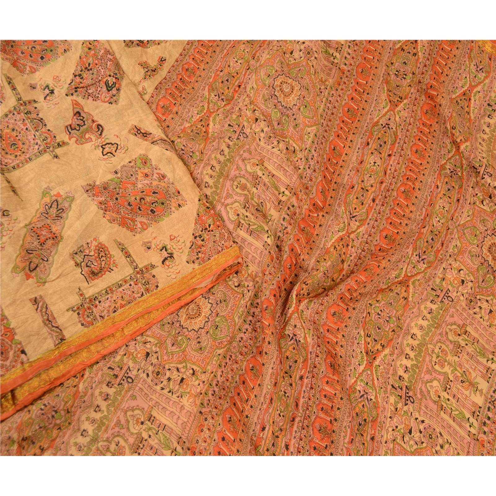 Sanskriti Vintage Beige &amp; Orange Sarees Pure Silk Printed Sari Soft Craft Fabric, PR-60276-Beige &amp; Orange-Printed Floral Design-Pure Silk-2