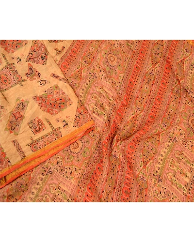Sanskriti Vintage Beige &amp; Orange Sarees Pure Silk Printed Sari Soft Craft Fabric, PR-60276-Beige &amp; Orange-Printed Floral Design-Pure Silk-2