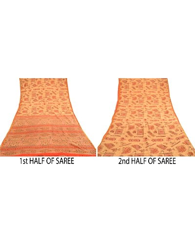 Sanskriti Vintage Beige &amp; Orange Sarees Pure Silk Printed Sari Soft Craft Fabric, PR-60276-Beige &amp; Orange-Printed Floral Design-Pure Silk-4