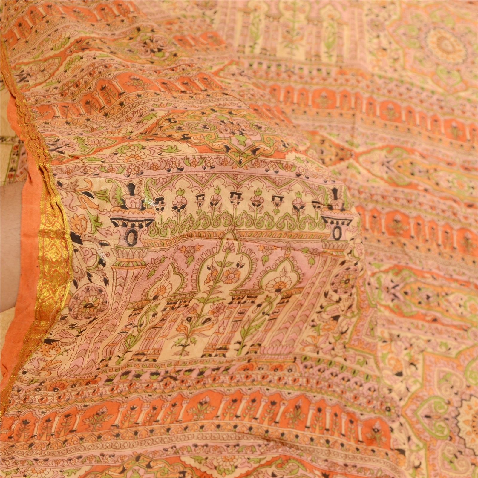 Sanskriti Vintage Beige &amp; Orange Sarees Pure Silk Printed Sari Soft Craft Fabric, PR-60276-Beige &amp; Orange-Printed Floral Design-Pure Silk-5