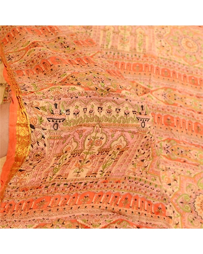 Sanskriti Vintage Beige &amp; Orange Sarees Pure Silk Printed Sari Soft Craft Fabric, PR-60276-Beige &amp; Orange-Printed Floral Design-Pure Silk-5