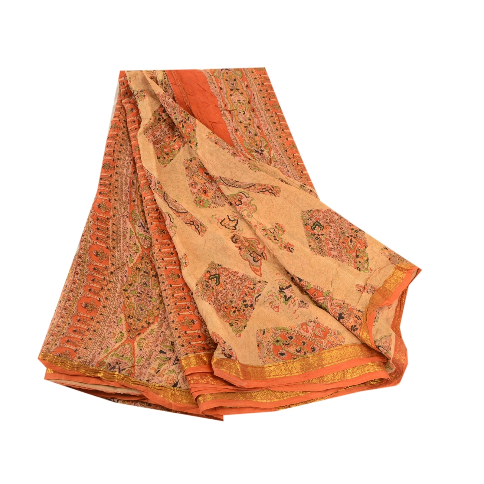 Sanskriti Vintage Beige &amp; Orange Sarees Pure Silk Printed Sari Soft Craft Fabric, PR-60276-Beige &amp; Orange-Printed Floral Design-Pure Silk-6