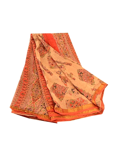 Sanskriti Vintage Beige &amp; Orange Sarees Pure Silk Printed Sari Soft Craft Fabric, PR-60276-Beige &amp; Orange-Printed Floral Design-Pure Silk-6