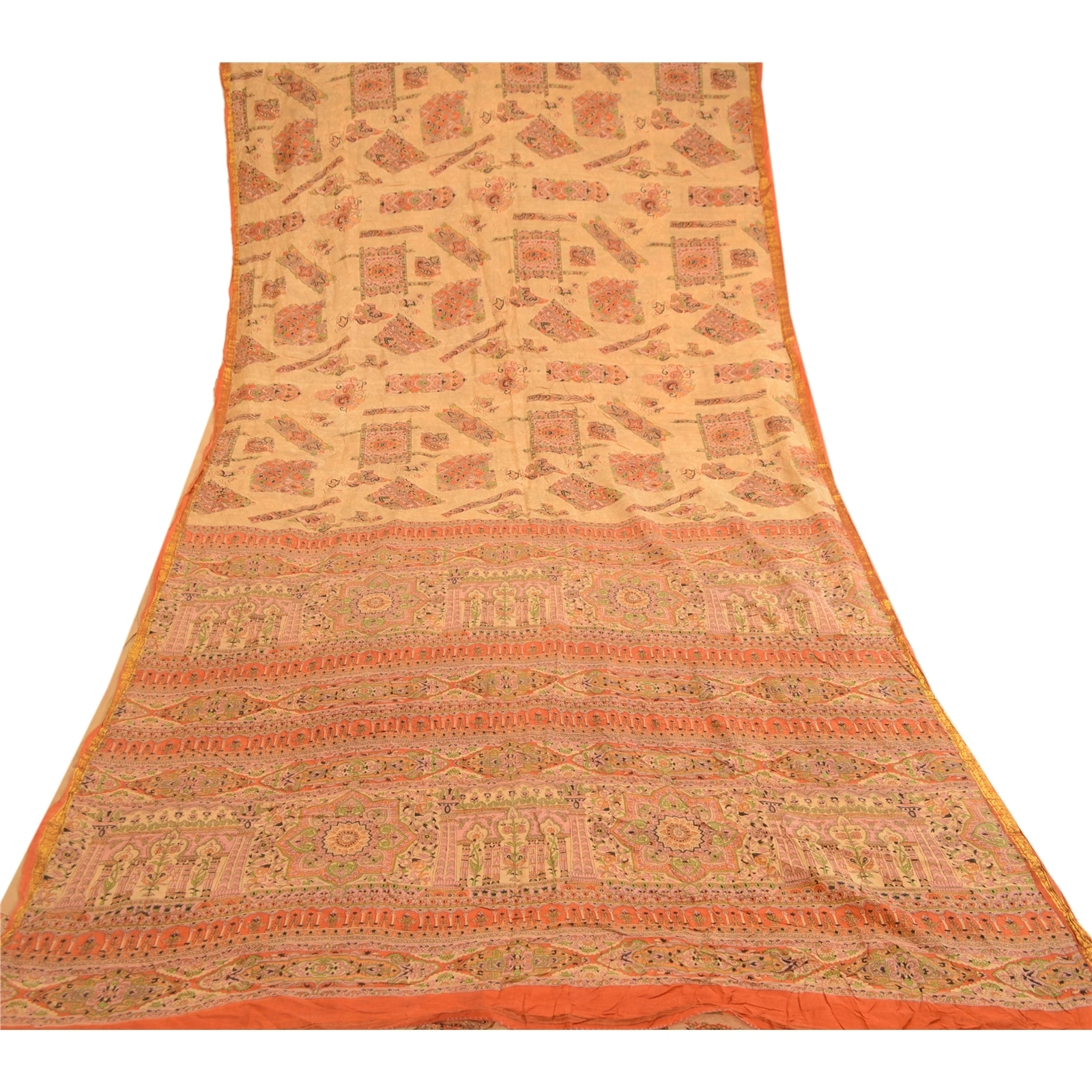 Sanskriti Vintage Beige &amp; Orange Sarees Pure Silk Printed Sari Soft Craft Fabric, PR-60276-Beige &amp; Orange-Printed Floral Design-Pure Silk-7