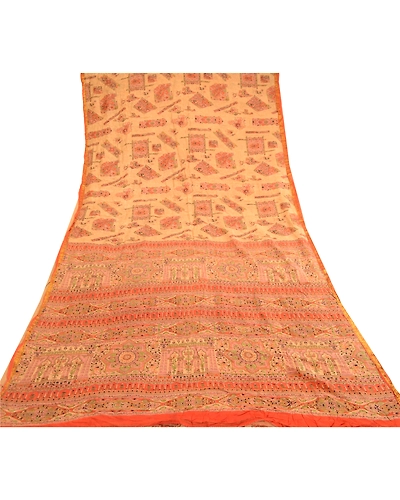 Sanskriti Vintage Beige &amp; Orange Sarees Pure Silk Printed Sari Soft Craft Fabric, PR-60276-Beige &amp; Orange-Printed Floral Design-Pure Silk-7