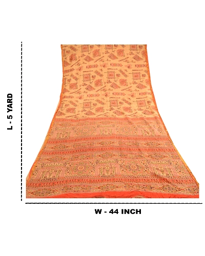 Sanskriti Vintage Beige &amp; Orange Sarees Pure Silk Printed Sari Soft Craft Fabric, PR-60276-Beige &amp; Orange-Printed Floral Design-Pure Silk-8
