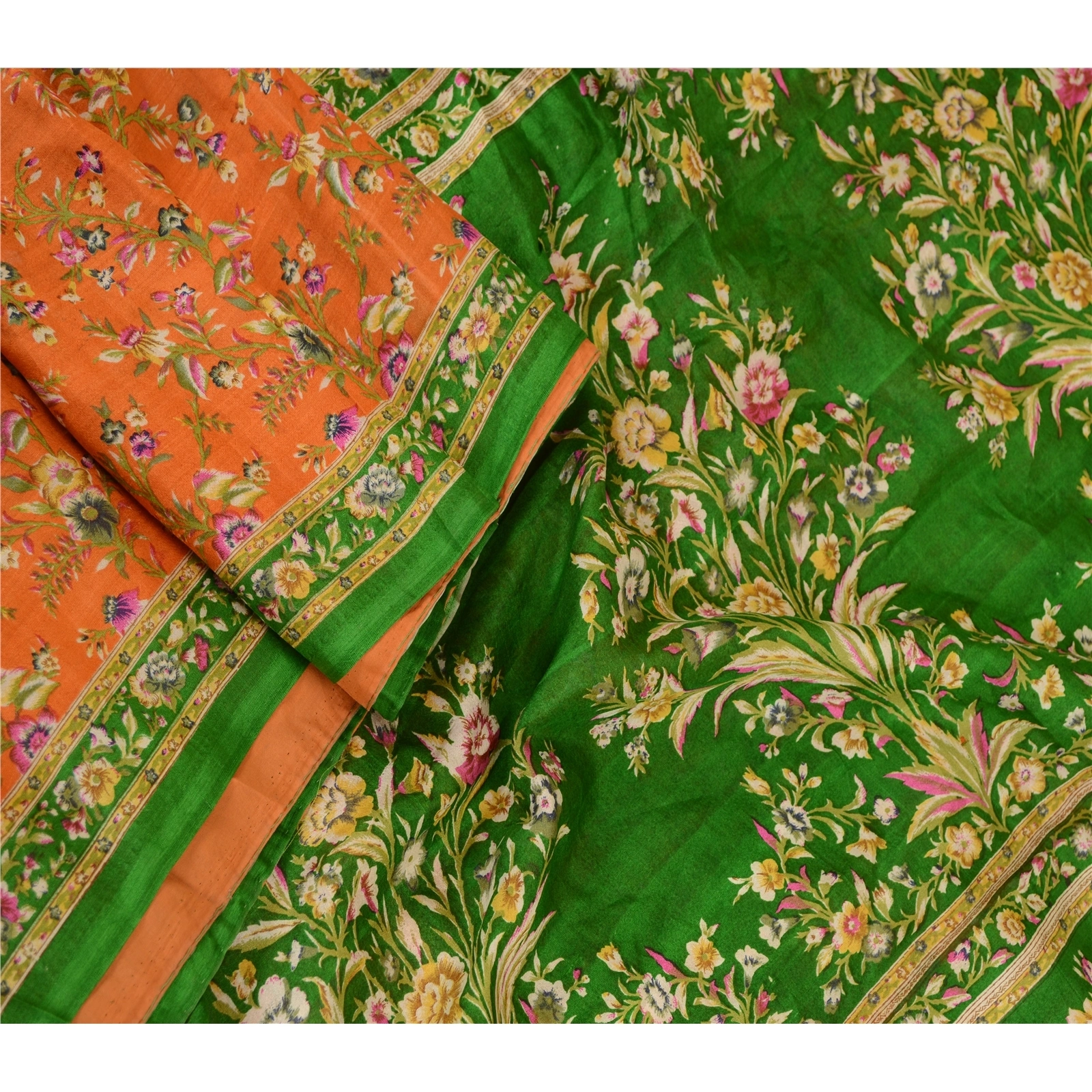 Sanskriti Vintage Orange Sarees Indian Pure Silk Printed Sari Soft Craft Fabric, PR-60316-Orange-Printed Floral Design-Pure Silk-1