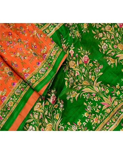 Sanskriti Vintage Orange Sarees Indian Pure Silk Printed Sari Soft Craft Fabric, PR-60316-Orange-Printed Floral Design-Pure Silk-1