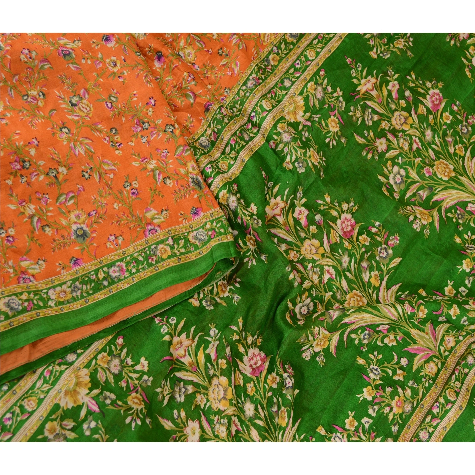 Sanskriti Vintage Orange Sarees Indian Pure Silk Printed Sari Soft Craft Fabric, PR-60316-Orange-Printed Floral Design-Pure Silk-2