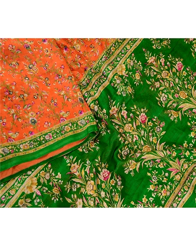 Sanskriti Vintage Orange Sarees Indian Pure Silk Printed Sari Soft Craft Fabric, PR-60316-Orange-Printed Floral Design-Pure Silk-2