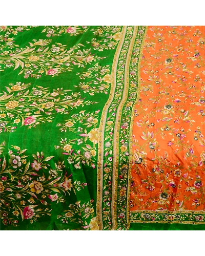 Sanskriti Vintage Orange Sarees Indian Pure Silk Printed Sari Soft Craft Fabric, PR-60316-Orange-Printed Floral Design-Pure Silk-3