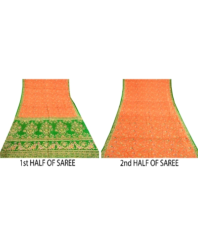 Sanskriti Vintage Orange Sarees Indian Pure Silk Printed Sari Soft Craft Fabric, PR-60316-Orange-Printed Floral Design-Pure Silk-4