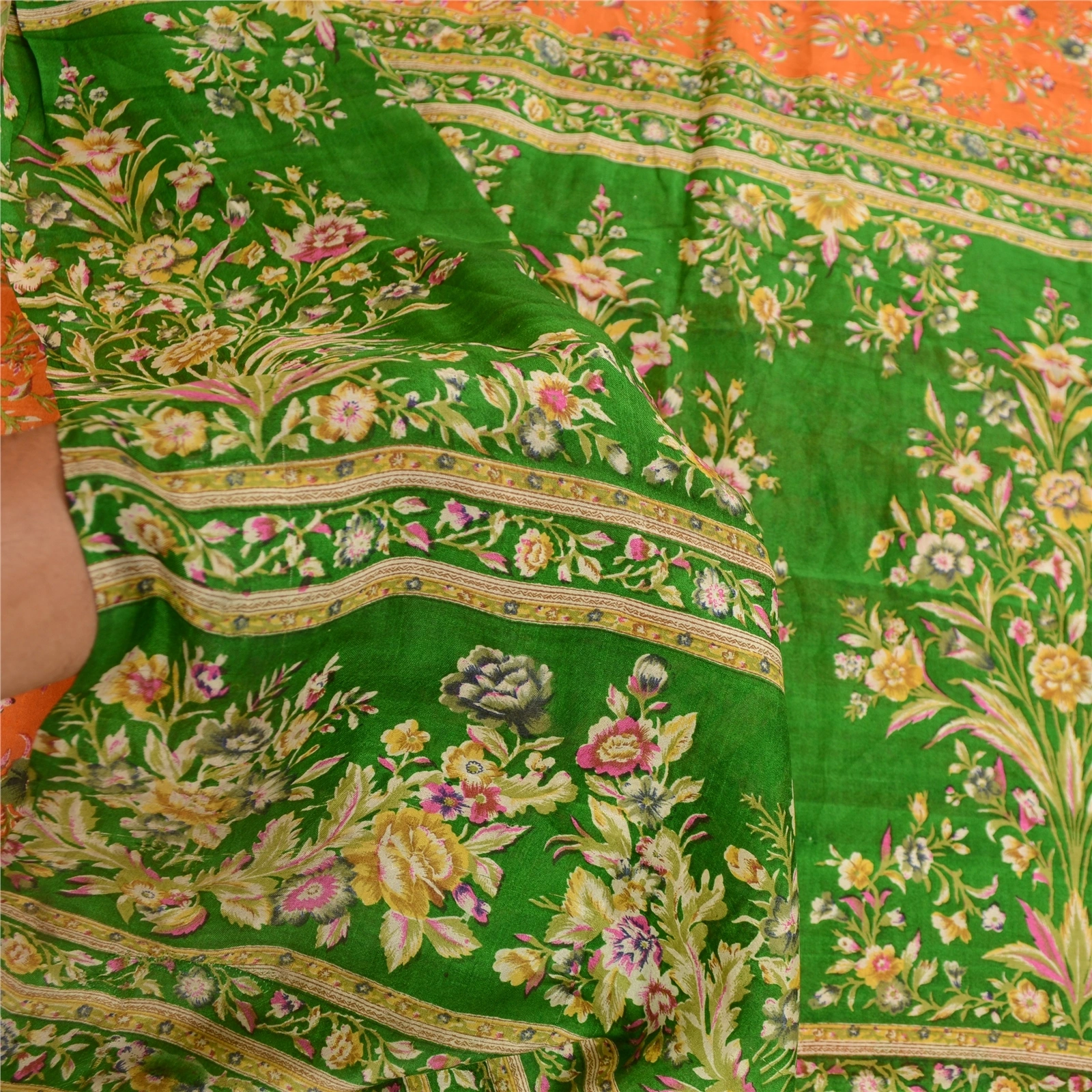 Sanskriti Vintage Orange Sarees Indian Pure Silk Printed Sari Soft Craft Fabric, PR-60316-Orange-Printed Floral Design-Pure Silk-5