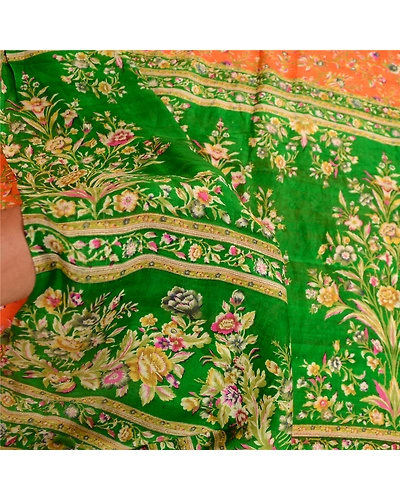 Sanskriti Vintage Orange Sarees Indian Pure Silk Printed Sari Soft Craft Fabric, PR-60316-Orange-Printed Floral Design-Pure Silk-5