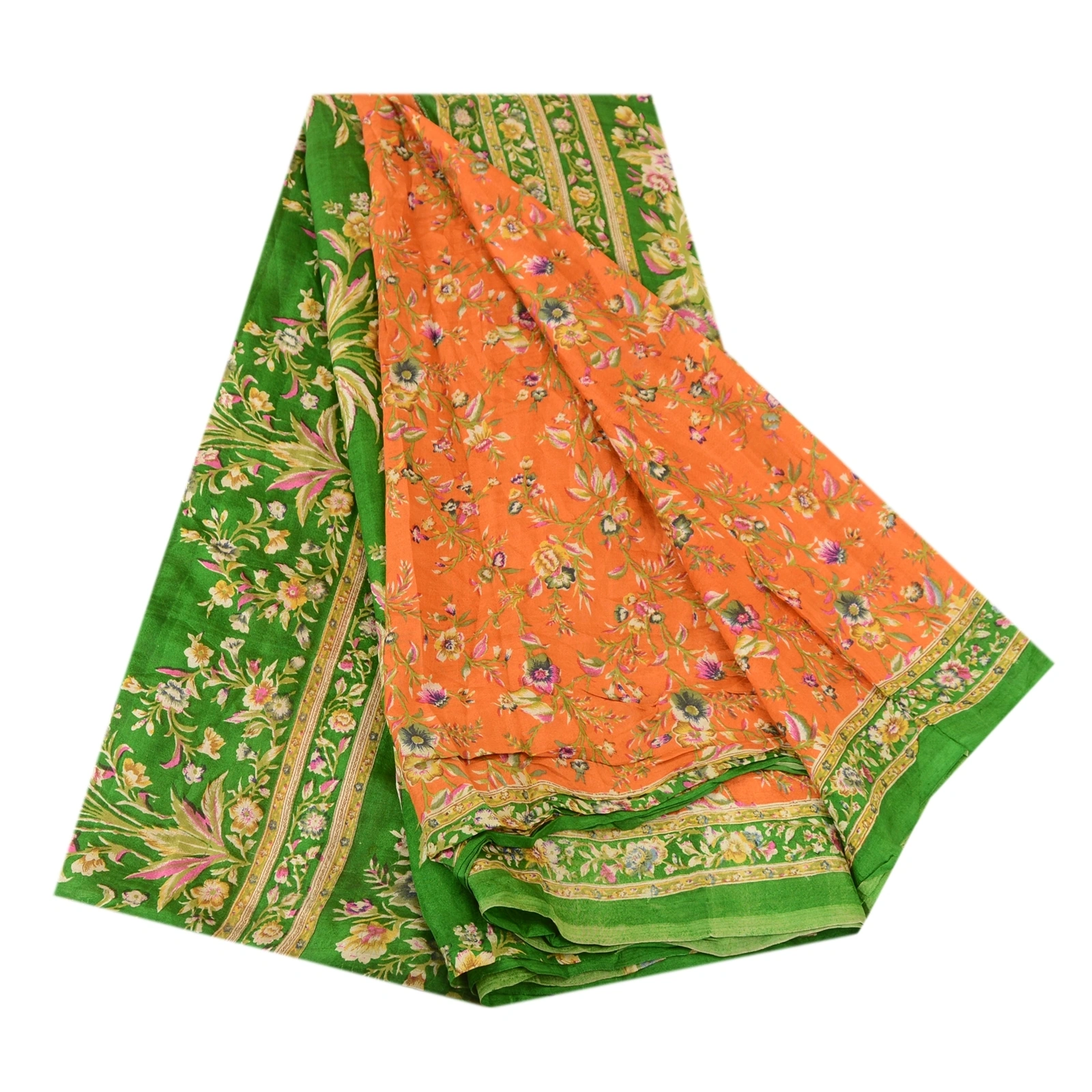 Sanskriti Vintage Orange Sarees Indian Pure Silk Printed Sari Soft Craft Fabric, PR-60316-Orange-Printed Floral Design-Pure Silk-6