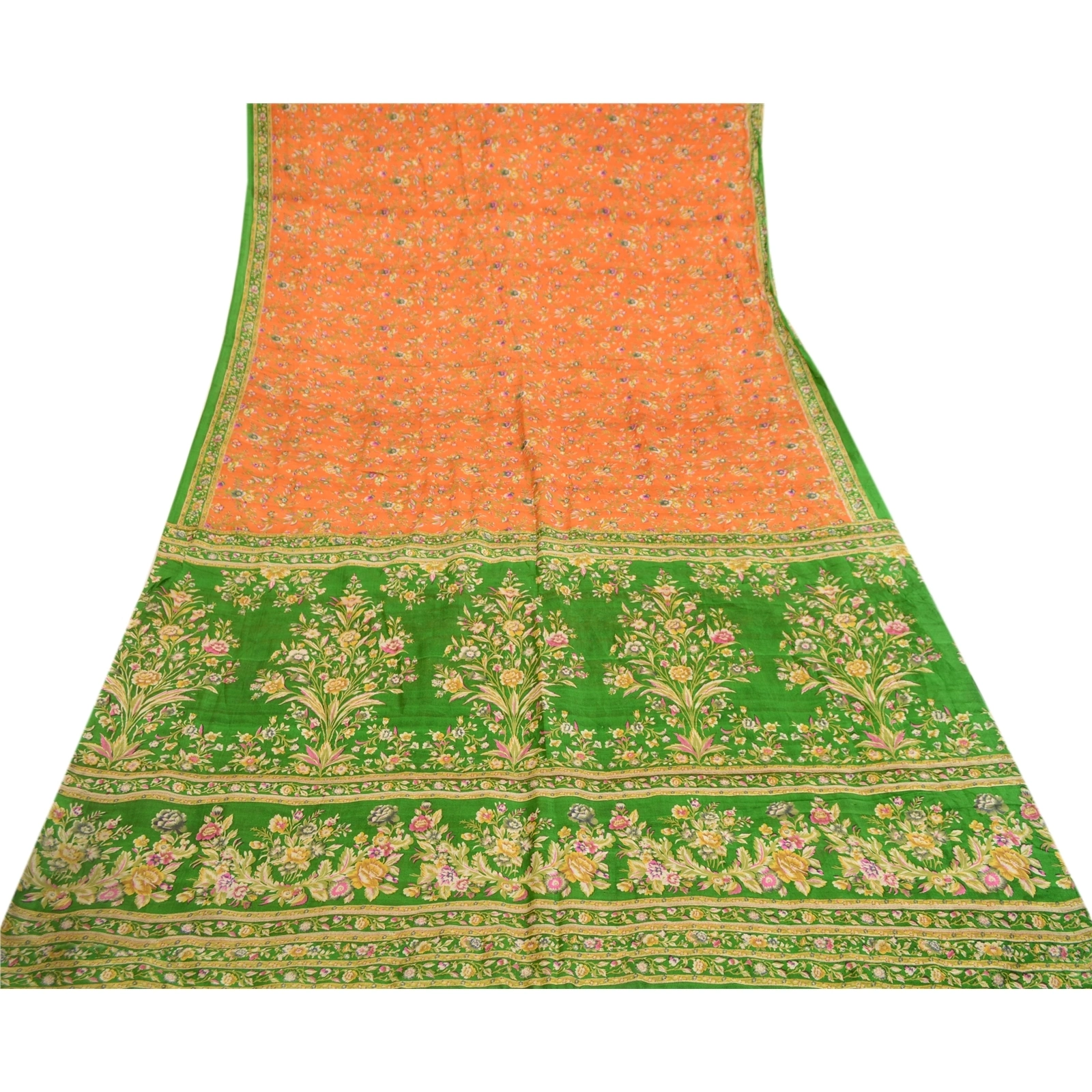 Sanskriti Vintage Orange Sarees Indian Pure Silk Printed Sari Soft Craft Fabric, PR-60316-Orange-Printed Floral Design-Pure Silk-7