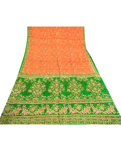 Sanskriti Vintage Orange Sarees Indian Pure Silk Printed Sari Soft Craft Fabric, PR-60316-Orange-Printed Floral Design-Pure Silk-7