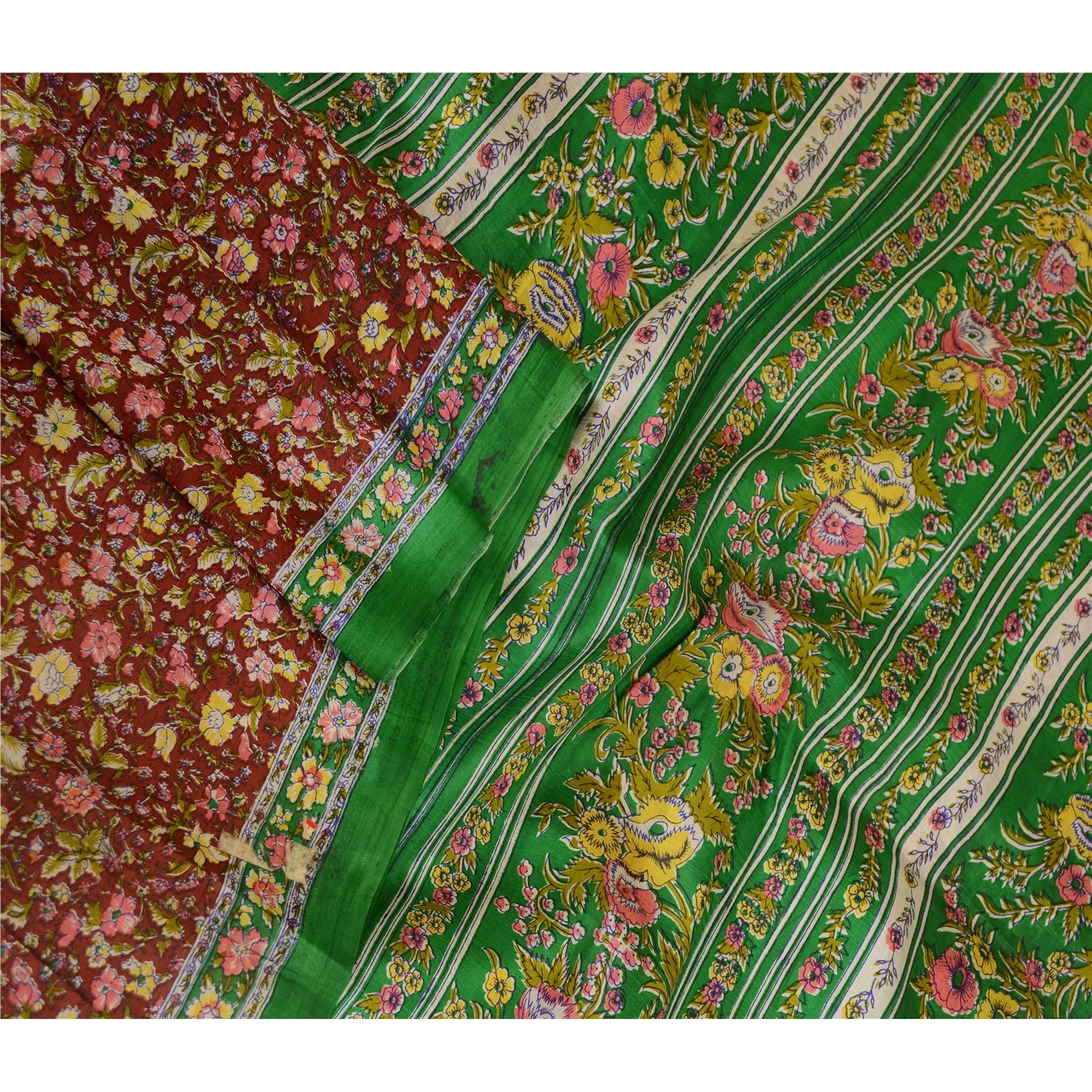 Sanskriti Vintage Sarees Dark Red 100% Pure Silk Printed Sari 5Yd Craft Fabric, PR-60394-Dark Red-Printed Floral Design-Pure Silk-2