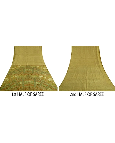Sanskriti Vintage Sarees Green Indian Printed Pure Silk Sari Floral Craft Fabric, PR-60482-Green-Printed Floral Design-Pure Silk-4