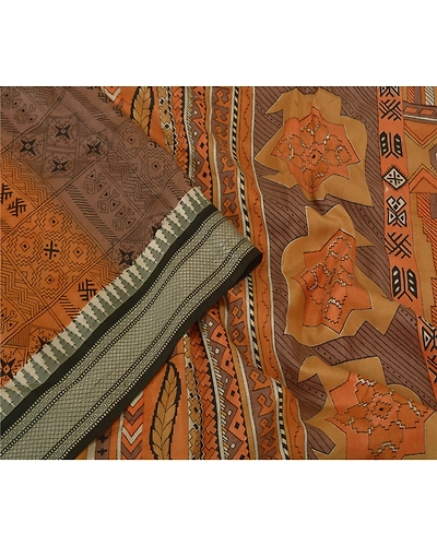 Sanskriti Vintage Sarees Orange Printed Pure Silk Sari Soft Floral Craft Fabric, PR-60490-Orange-Printed Floral Design-Pure Silk-2