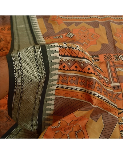 Sanskriti Vintage Sarees Orange Printed Pure Silk Sari Soft Floral Craft Fabric, PR-60490-Orange-Printed Floral Design-Pure Silk-5