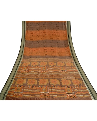 Sanskriti Vintage Sarees Orange Printed Pure Silk Sari Soft Floral Craft Fabric, PR-60490-Orange-Printed Floral Design-Pure Silk-7