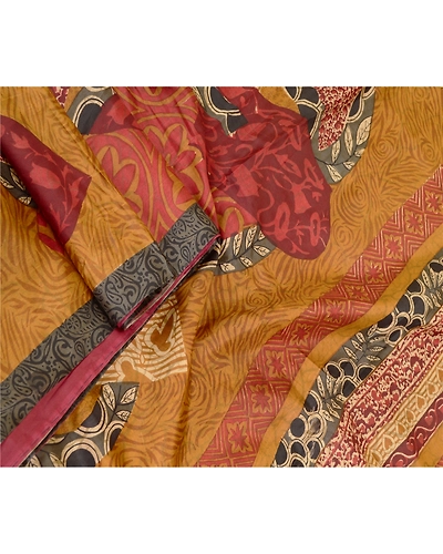 Sanskriti Vintage Sarees Brown Indian Printed Pure Silk Sari 5Yd Craft Fabric, PR-60558-Brown-Printed Floral Design-Pure Silk-1