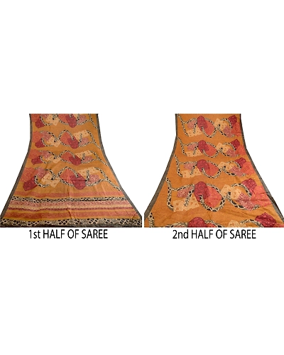 Sanskriti Vintage Sarees Brown Indian Printed Pure Silk Sari 5Yd Craft Fabric, PR-60558-Brown-Printed Floral Design-Pure Silk-4