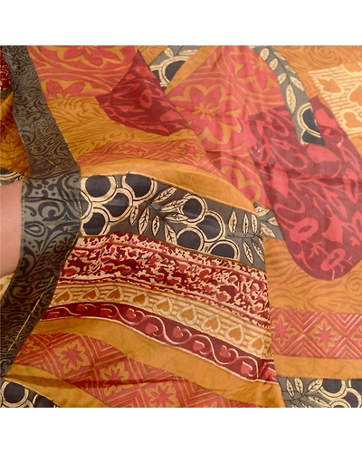 Sanskriti Vintage Sarees Brown Indian Printed Pure Silk Sari 5Yd Craft Fabric, PR-60558-Brown-Printed Floral Design-Pure Silk-5